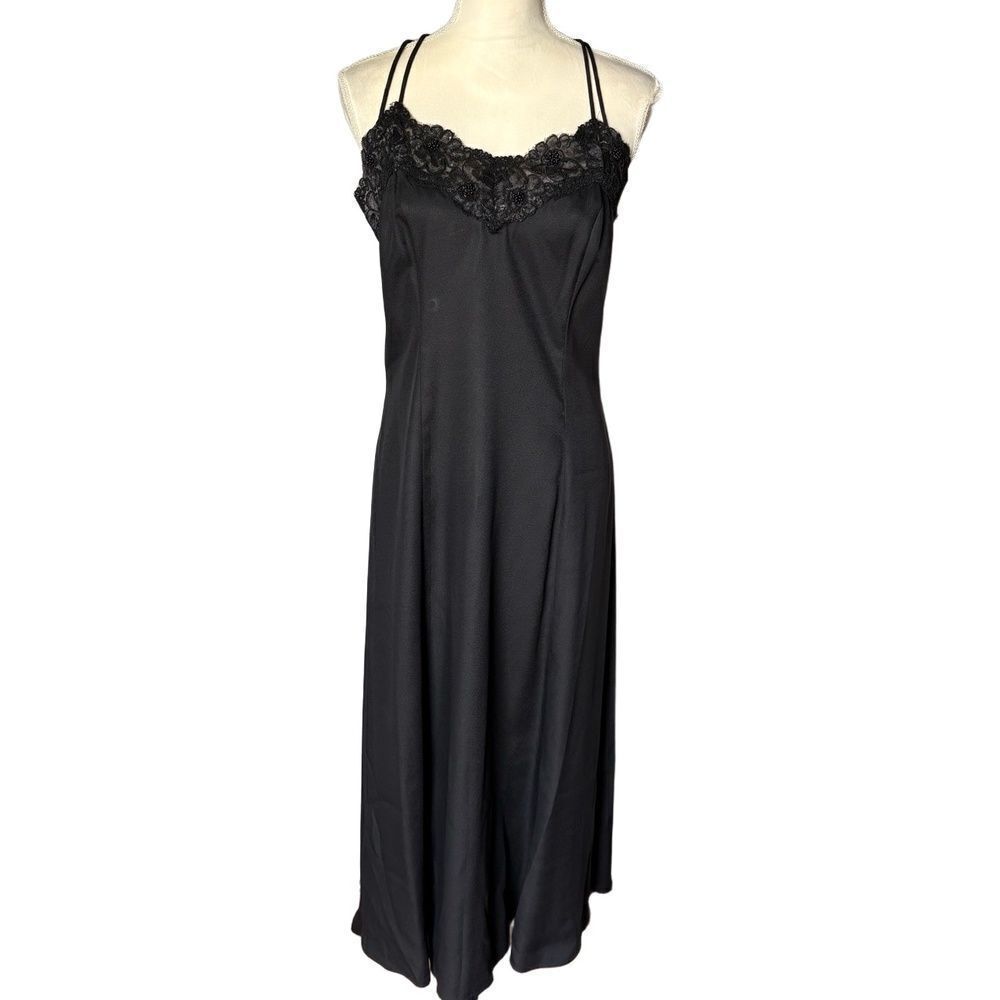 Gunne Sax Slip Dress Black Lace Trim Maxi Beaded Lace Elegant Romantic